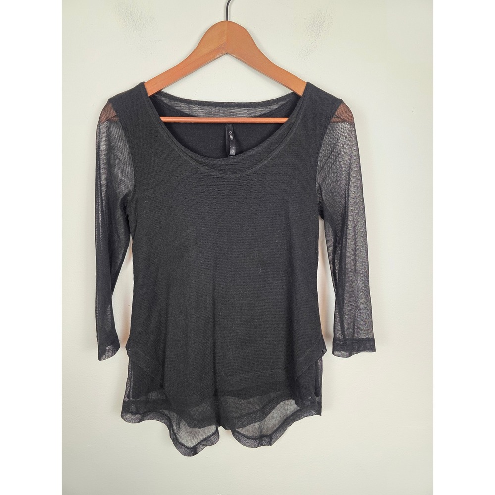 Porto Black Cotton Mesh Layered Top 3/4 Sleeve Scoop Neck Size 0 (XS) Minimalist